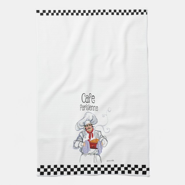 Cute Tjock Fransk Chef Caricature Black White Chec Kökshandduk (Vertikal)