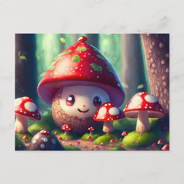 Cute toadstools i lycka till i skogen vykort (Framsida)