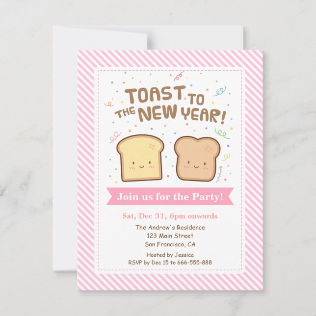 Cute Toast till nyår Pun Confetti Party Inbjudningar (Framsida)