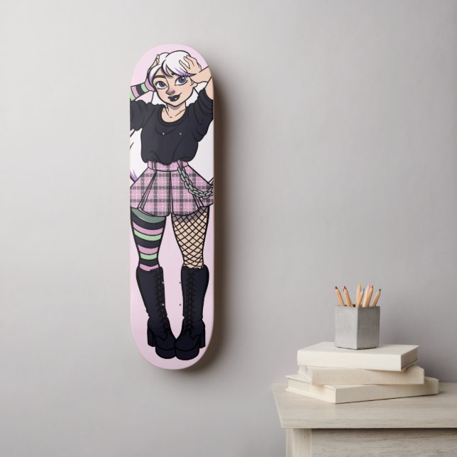 Cute Tonåring Punk Girl Rosa Grönt Manga Illustrat Mini Skateboard Bräda 18,5 Cm (Väggkonst)