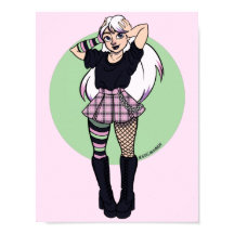 Cute Tonåring Punk Girl Rosa Grönt Manga Illustrat