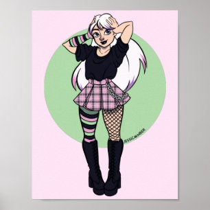 Cute Tonåring Punk Girl Rosa Grönt Manga Illustrat Poster