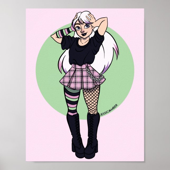 Cute Tonåring Punk Girl Rosa Grönt Manga Illustrat Poster (Framsidan)