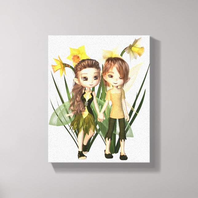 Cute Toon Daffodil Fairy Boy and Girl Canvastryck (Framsida)