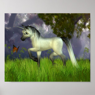 Cute Toon Unicorn med Woodland Background Poster