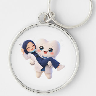 Cute Tooth Character Keychain | Dental Assistant H Rund Silverfärgad Nyckelring