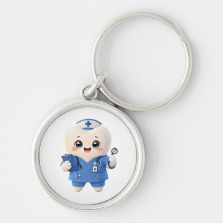 Cute Tooth Nurse Keychain | Dental Gift Rund Silverfärgad Nyckelring