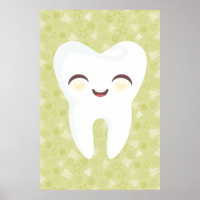 Cute Tooth på Grönt Mönster Wall Art Poster (Framsidan)