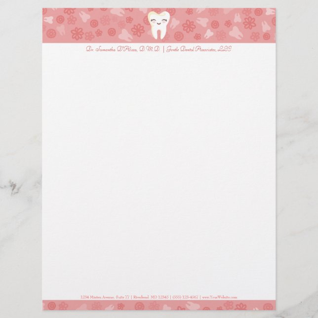 Cute Tooth - Rosa Anpassningsbar Letterhead Brevhuvud (Framsida)