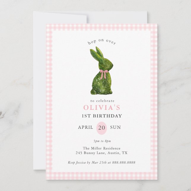 Cute Topiary Bunny Pink Gingham Girl Birthday  Inbjudningar (Framsida)