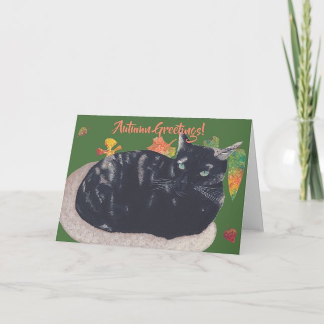 Cute Tortie Cat Dam på hösthälsningsbevis Kort (Framsida)