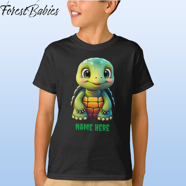 Cute Tortoise Boy's Turtle Animal Tecknad Graphic T Shirt (Tortoise, Black Customizable ForestBabies T-shirt - Front)