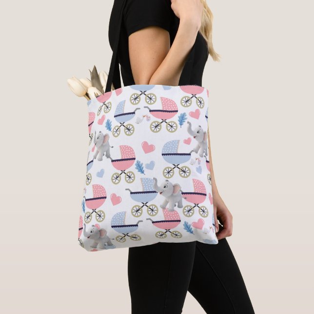Cute Tote Bag Baby Stroller Elephant Pink & Blue Tygkasse (Närbild)