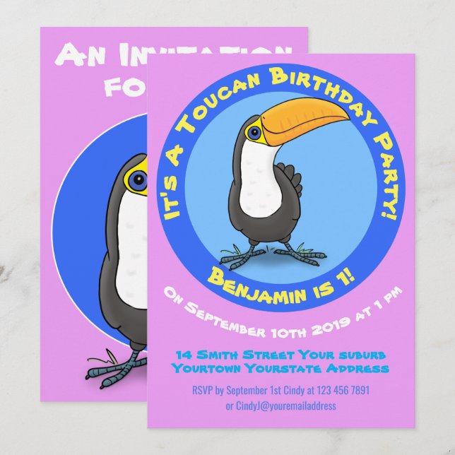 Cute toucan bird-tecknaden födelsedag inbjudan 1 å (Fram/baksida)