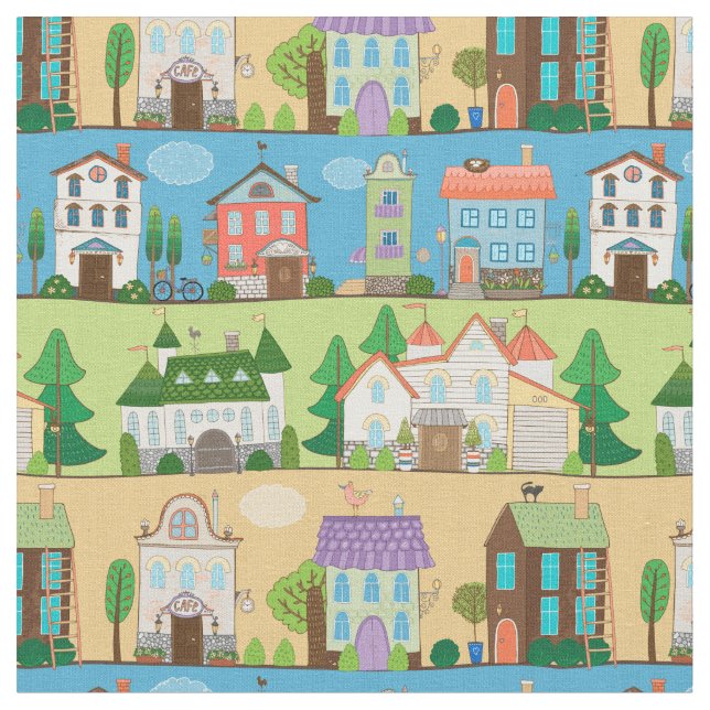 Cute Town Streets Fabric Tyg (Närbild)