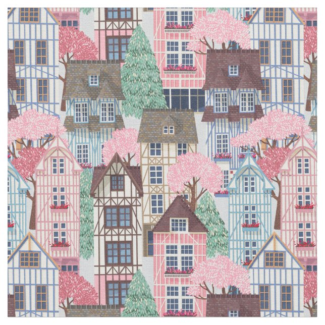 Cute Town Streets Fabric Tyg (Närbild)