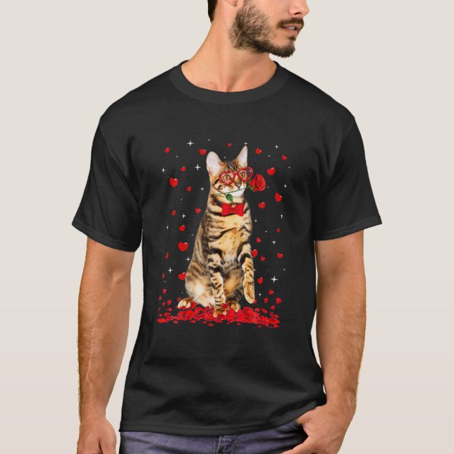 Cute Toyger Cat Glasses Heart Flower Valentine T Shirt (Framsida)