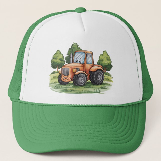Cute Tractor Farm Watercolor Kids Grönt Keps (Framsida)