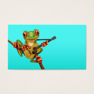 Cute Träd Frog som spelar en akustisk gitarblått Visitkort