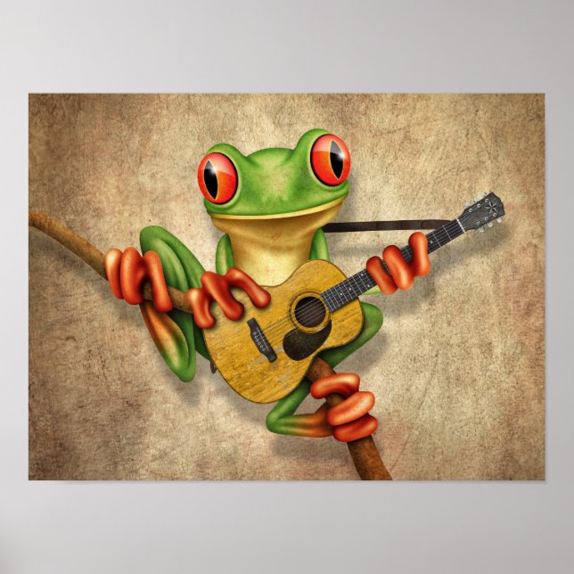 Cute Träd Frog som spelar en akustisk Guitar Rough Poster (Framsidan)