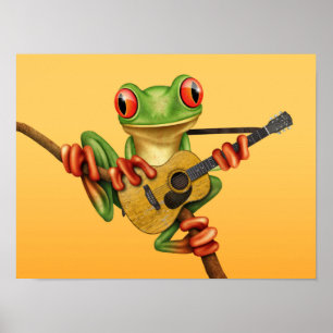 Cute Träd Frog spelar en akustisk Guitar-Gult Poster