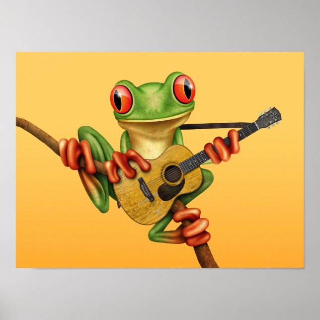 Cute Träd Frog spelar en akustisk Guitar-Gult Poster (Framsidan)