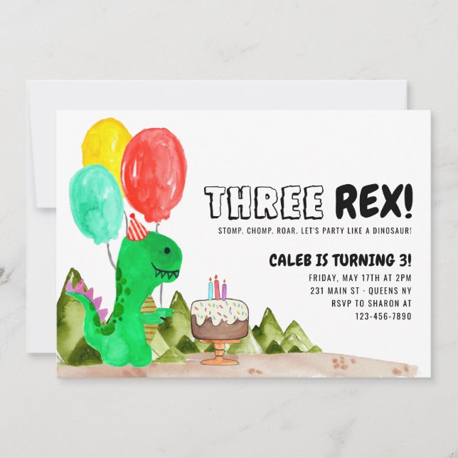 Cute TRE Rex Balloon Cake Dinosaur 3:e födelsedage Inbjudningar (Framsida)