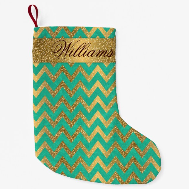 Cute trendig chevron zigzag faux guld glitter liten julstrumpa (Framsidan)