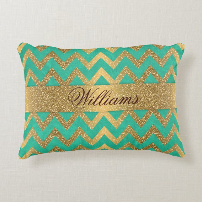 Cute trendig chevron zigzag faux guld glitter prydnadskudde (Framsidan)