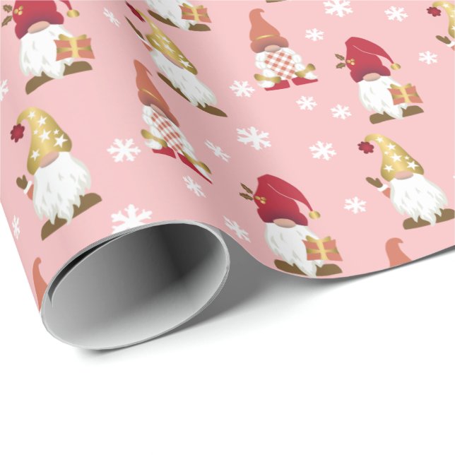 Cute Trendig Gnomes Winter Rosa Röd ros Guld Presentpapper (Rullad Hörn)