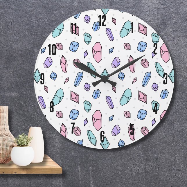 Cute Trendig Pastel Gemstones Gems Crystal Mönster Stor Klocka (Cute Trendy Pastel Gemstones Gems Crystal Pattern Large Clock)