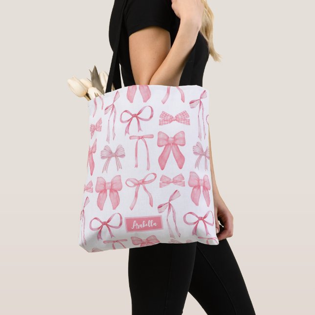 Cute Trendig Rosa Bow Aesthetic Print Coquette Tygkasse (Närbild)