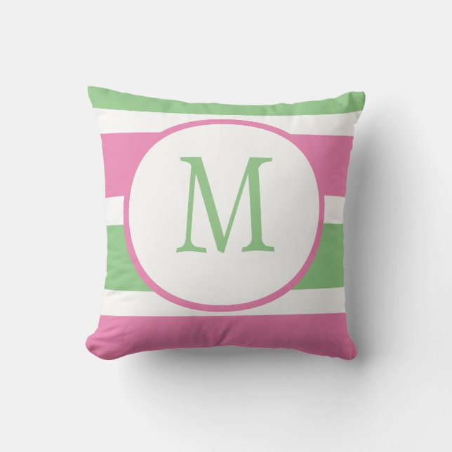 Cute Trendig Rosa och Grönt Rand Monogram Kudde (Framsida)