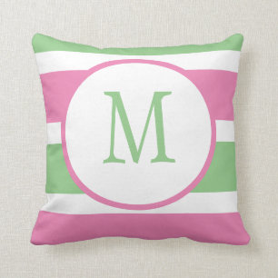 Cute Trendig Rosa och Grönt Rand Monogram Kudde