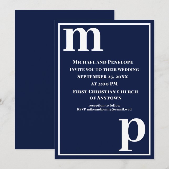 Cute Trendig Snyggt Monogram marinblå Bröllop Inbjudningar (Fram/baksida)