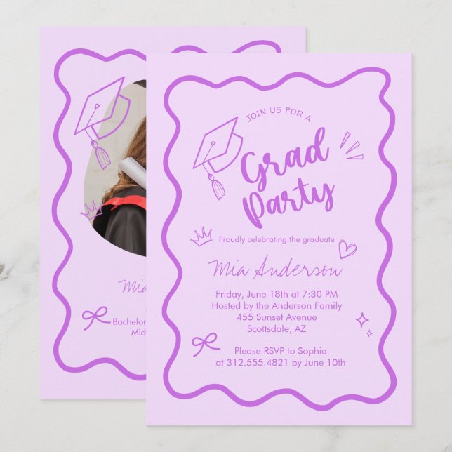 Cute Trendy Pink Wavy Border Graduation Invitation Meddelande (Fram/baksida)