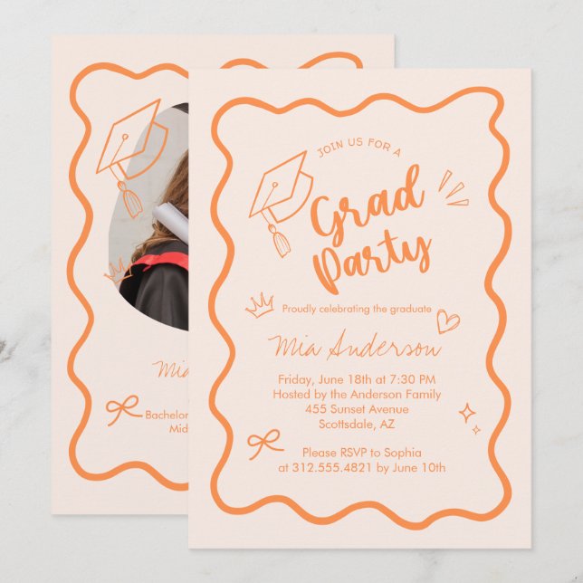 Cute Trendy Pink Wavy Border Graduation Invitation Meddelande (Fram/baksida)
