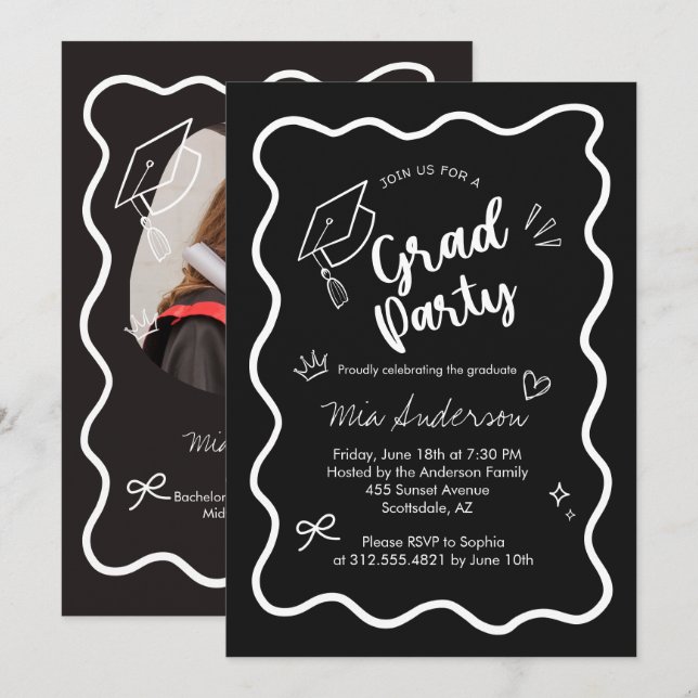 Cute Trendy Pink Wavy Border Graduation Invitation Meddelande (Fram/baksida)