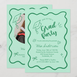 Cute Trendy Pink Wavy Border Graduation Invitation Meddelande