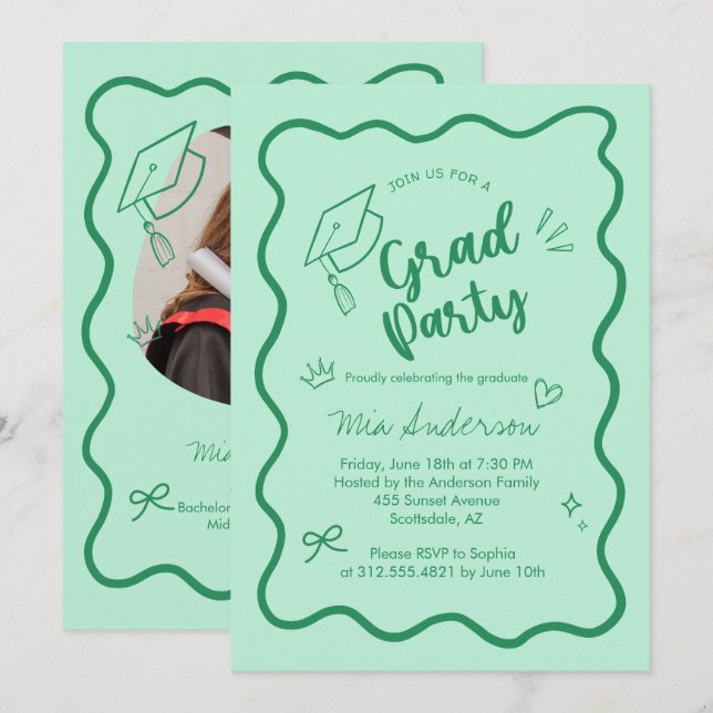Cute Trendy Pink Wavy Border Graduation Invitation Meddelande (Fram/baksida)