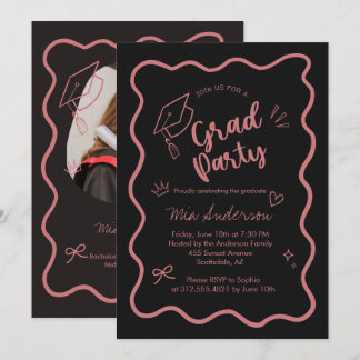Cute Trendy Pink Wavy Border Graduation Invitation Meddelande