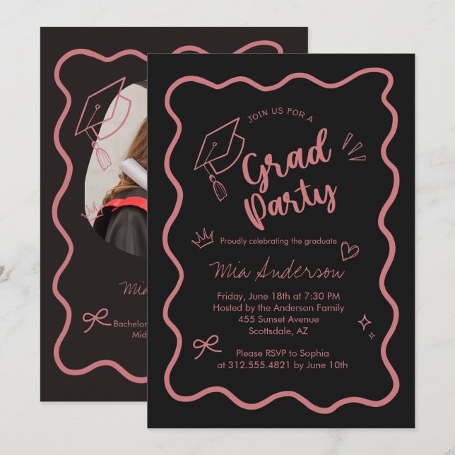 Cute Trendy Pink Wavy Border Graduation Invitation Meddelande (Fram/baksida)