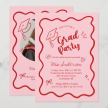 Cute Trendy Pink Wavy Border Graduation Invitation