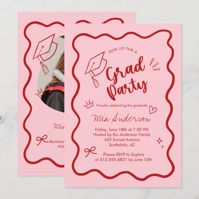 Cute Trendy Pink Wavy Border Graduation Invitation Meddelande (Fram/baksida)