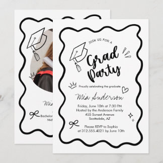 Cute Trendy Pink Wavy Border Graduation Invitation Meddelande