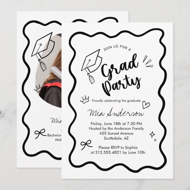 Cute Trendy Pink Wavy Border Graduation Invitation Meddelande (Fram/baksida)