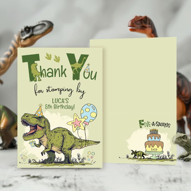 Cute TRex Dinosaur Five-Rex Boy 5th Birthday Party Tack Kort (Funny custom name Five-a-saurus Dinosaur Jurassic green 5th birthday party thank you for stomping by)