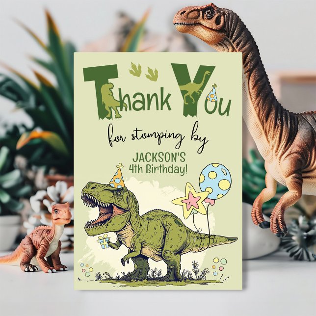 Cute TRex Dinosaur Four-Rex Boy 4th Birthday Party Tack Kort (Funny custom name Four-Rex Dinosaur Jurassic green Dino 4th birthday party thank you for stomping by)