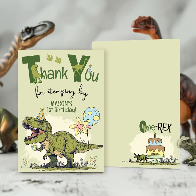Cute TRex Dinosaur One-Rex 1st Birthday Party Tack Kort (Cute first One-Rex TRex Dinosaur Jurassic Dino 1st boy birthday party thank you for stomping by)
