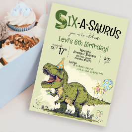 Cute TRex Dinosaur Six-A-Saurus 6e Födelsedagsfest Inbjudningar